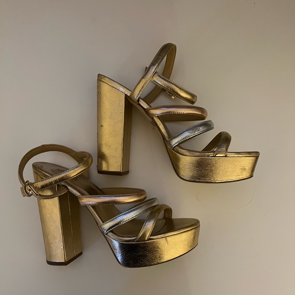 Michael Kors metallic/gold 4 inch chunky heel sandals